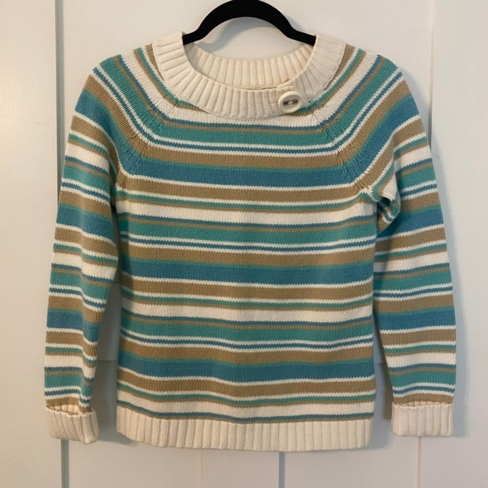 Teal & Tan Striped Button Shoulder Sweater S Boho Chic Coastal Cottagecore‎ Knit